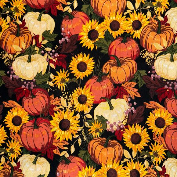 Bountiful Harvest Metallic Gold Sunflower Pumpkin Cotton Fabric - 1/2 Yard - Picture 1 of 6